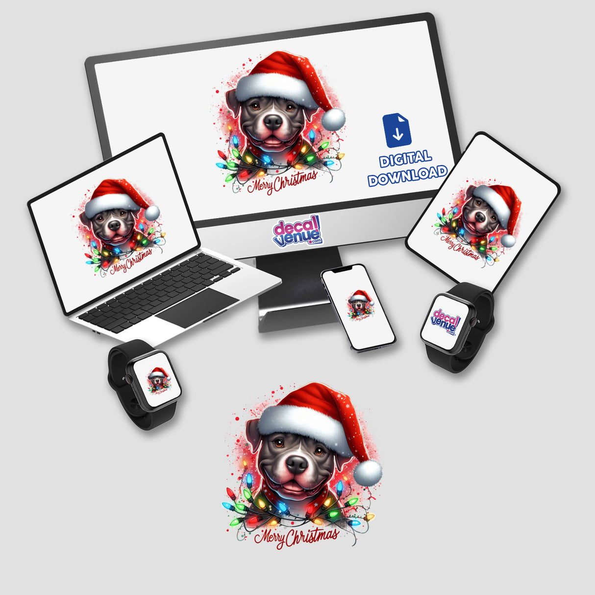 Merry Christmas Lights Pitbull Dog artwork featuring a pitbull wearing a Santa hat and Christmas lights, displayed on various devices as stickers or digital art from Decal Venue.