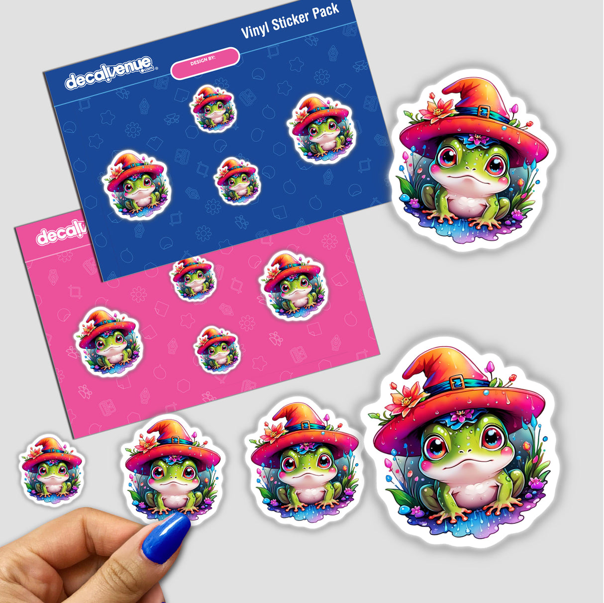 Sticker pack featuring a wizard frog in various poses and hats on a table.