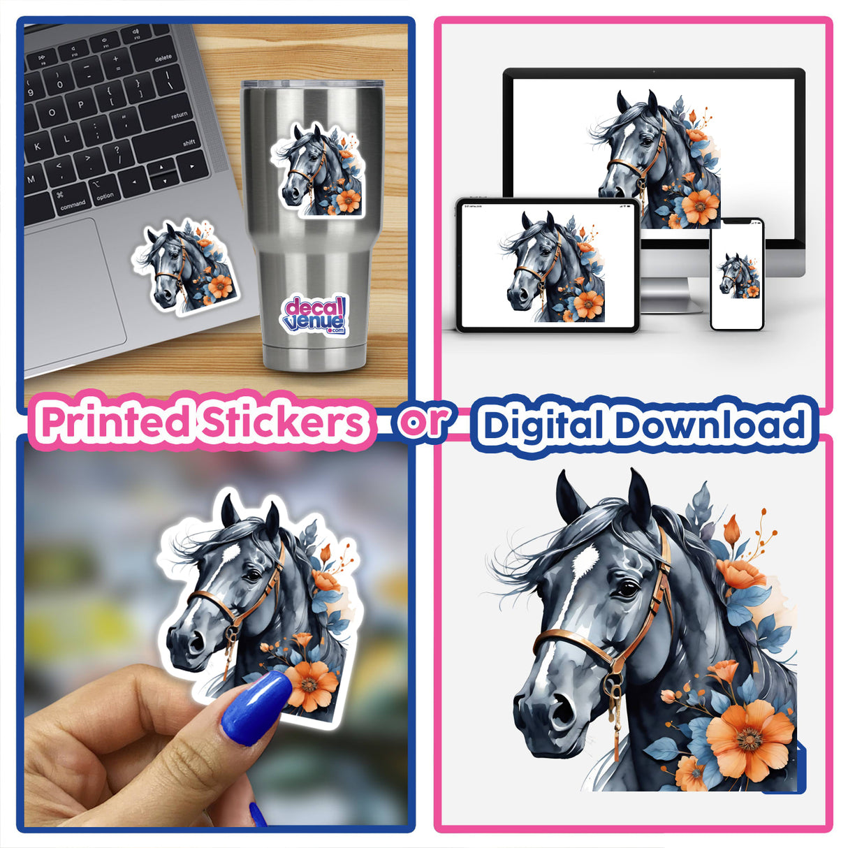 Horse Portrait Floral Accents PA13 featuring a collage of horse images, including a hand-drawn horse, a horse with floral neck accents, and a laptop with stickers. Available as Stickers or Digital Artwork.