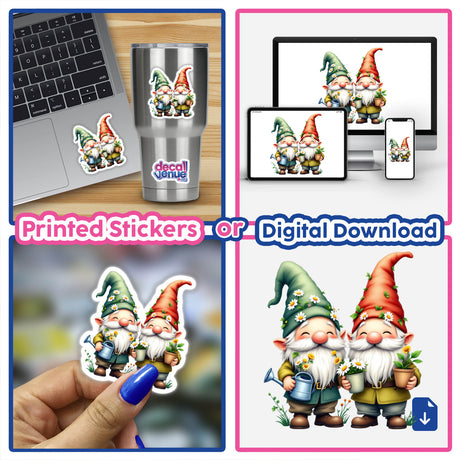 Cheerful Garden Gnomes with Flower-Adorned Hats depicted as vibrant stickers, showcasing joyful expressions and intricate floral details, perfect for personalizing spaces or digital devices from Decal Venue.