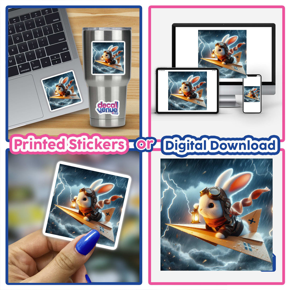 Snowflake, The Paper Aviator digital artwork shows a rabbit wearing goggles and a pilot hat flying on a paper plane. Available as stickers or digital art from Decal Venue.