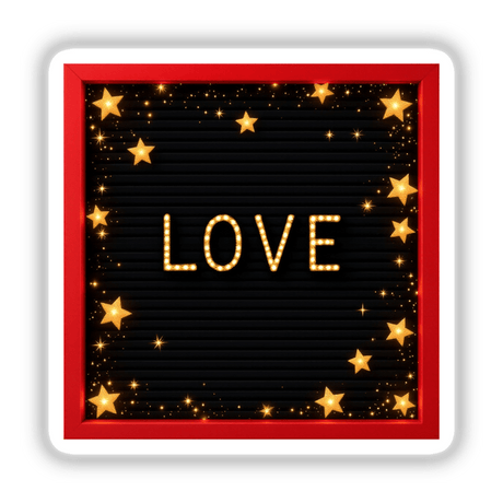 Red Letterboard featuring gold “LOVE” letters adorned with fairy lights, available as stickers or digital artwork.