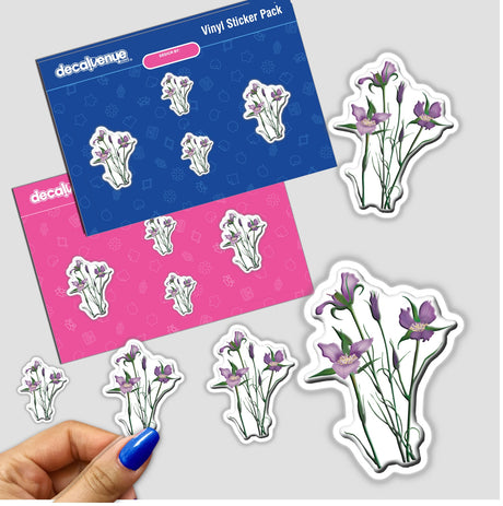 American Wild Flowers sticker pack, featuring intricate purple flower designs, held by a hand. Available as stickers or digital artwork, showcasing unique art from Decal Venue.