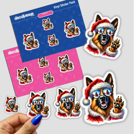 German Shepherd Dog in Santa Outfit sticker, featuring a cartoon dog wearing a Santa hat and sunglasses. Available as a sticker or digital artwork from Decal Venue.