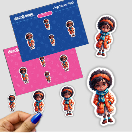 Cozy Winter Afro Girl Sticker featuring a cartoon girl with afro hair in winter attire, alongside other cartoon characters. Available as stickers or digital artwork.