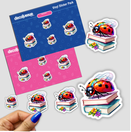 Ladybug on Books: Adorable Sticker Design featuring a whimsical ladybug perched on a stack of books, available as stickers or digital artwork.