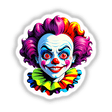 A Crazy Clown Girl: Cartoon illustration of a clown with vibrant hair and exaggerated features, available as stickers or digital artwork from Decal Venue.