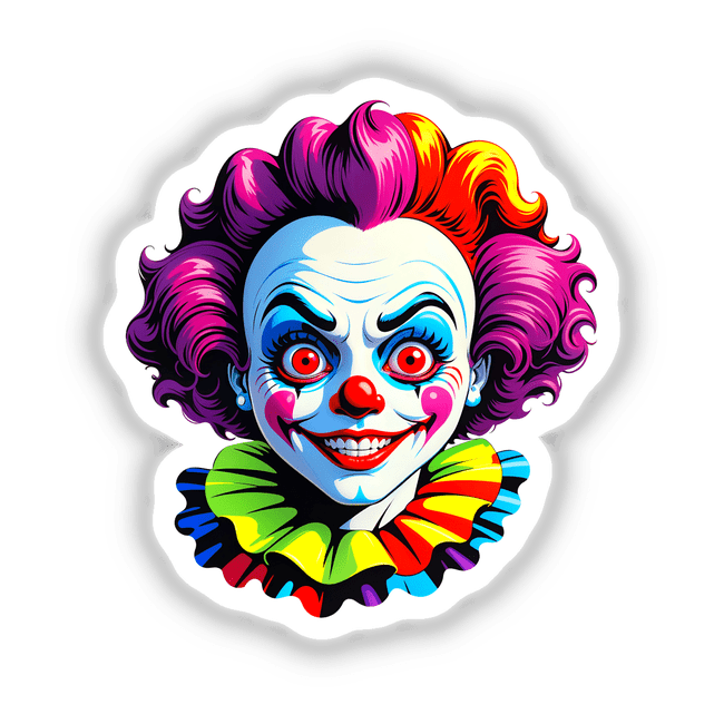 A Crazy Clown Girl: Cartoon illustration of a clown with vibrant hair and exaggerated features, available as stickers or digital artwork from Decal Venue.