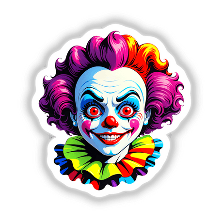 A Crazy Clown Girl: Cartoon illustration of a clown with vibrant hair and exaggerated features, available as stickers or digital artwork from Decal Venue.