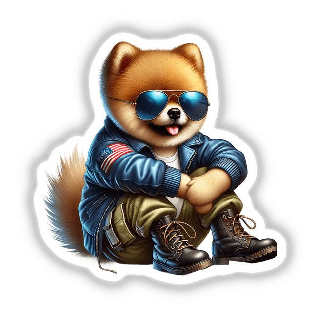 Patriotic Pomeranian in Aviator Sunglasses and Rugged Attire