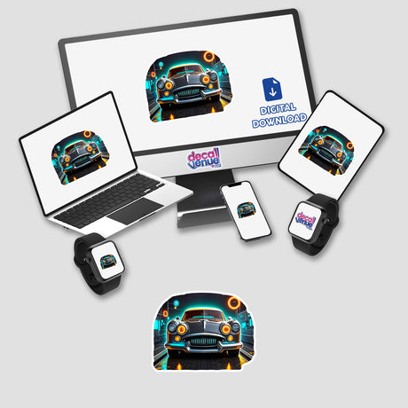 A Classic Futuristic Car displayed on a computer monitor and laptop screen, available as unique stickers or digital artwork from Decal Venue, featuring a sleek car design with illuminated lights.