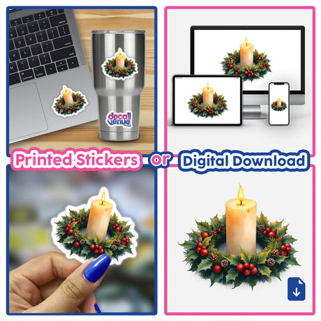 Candle in a Christmas Wreath sticker on a laptop, showcasing Decal Venue's unique design, ideal for holiday decoration. Available as stickers or digital artwork.