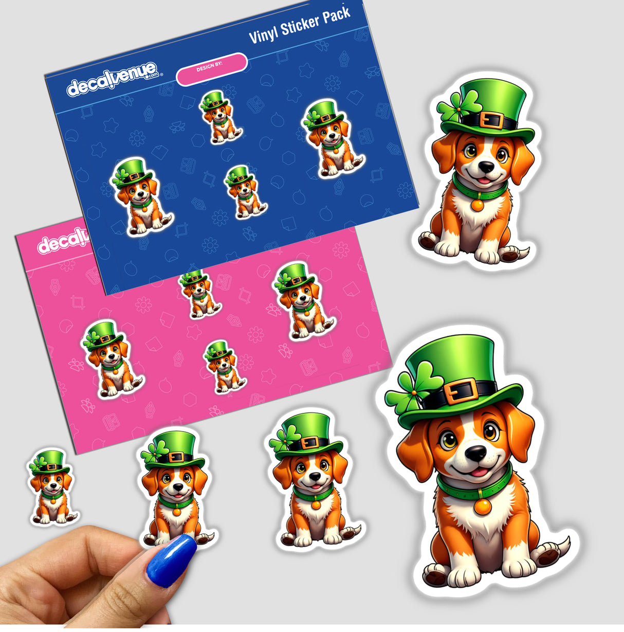 St. Patrick's Day Puppy sticker pack featuring cartoon dogs in green hats. Available as stickers or digital artwork, perfect for adding a festive touch from Decal Venue.