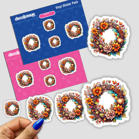 Vibrant autumn wreaths with sunflowers, pumpkins, and other fall foliage depicted in a vinyl sticker pack from Decal Venue, an online store offering unique digital artwork and stickers for self-expression.