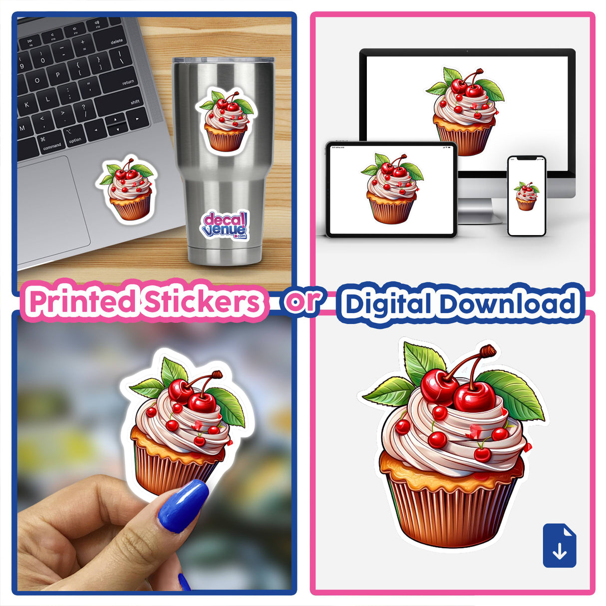 Delectable cherry cupcake with whipped cream and vibrant red cherries, featured on digital and printed stickers from Decal Venue's artistic collection.