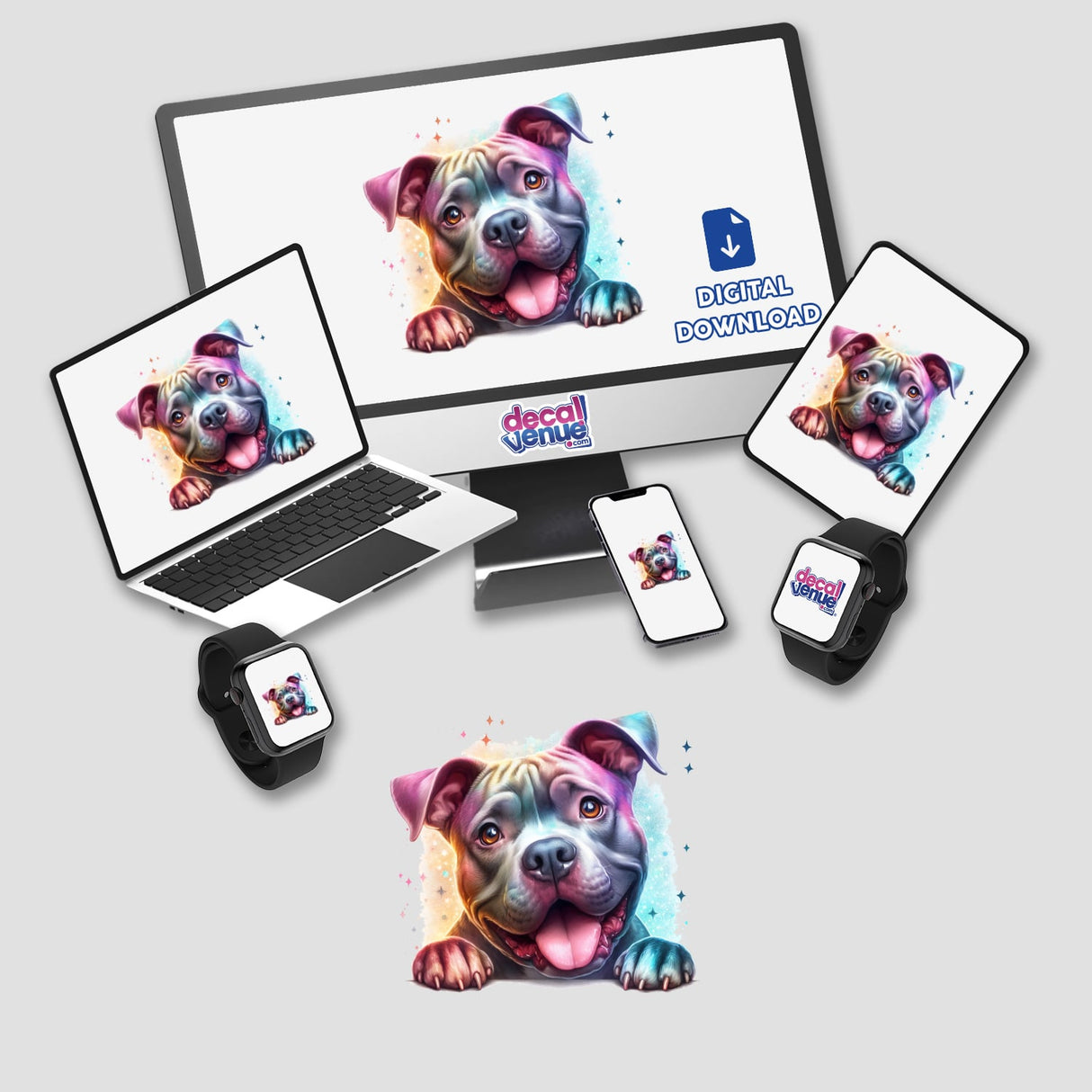 Vibrant digital artwork of a playful Pitbull dog peeking out from a colorful background, featured on devices like laptops, smartphones, and smartwatches across a Decal Venue online store.