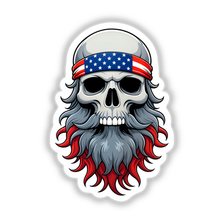 Cool skull illustration with an American flag bandana, featuring a beard. Available as stickers or digital artwork at Decal Venue, known for unique vinyl designs and digital art.