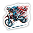 Motocross Dirt Bike Rider American Flag: A helmeted rider on a motorcycle holding an American flag, available as stickers or digital artwork from Decal Venue.