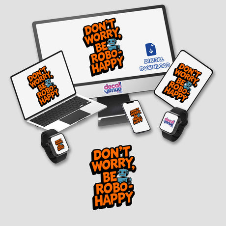 Don't Worry Be Robo-Happy Funny Quote displayed on a computer monitor and laptop screen, featuring a cartoon blue robot. Available as stickers or digital artwork from Decal Venue.