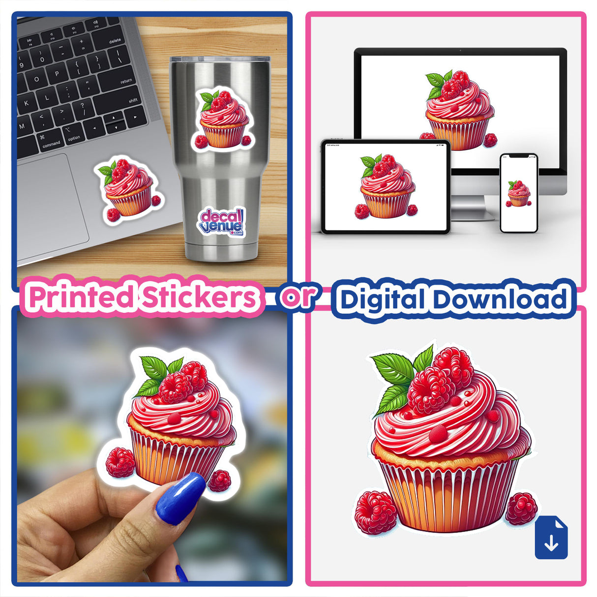 Delectable raspberry cupcake digital artwork and stickers featuring an enticing dessert with vibrant red frosting and fresh raspberries, available for digital download or printed stickers.