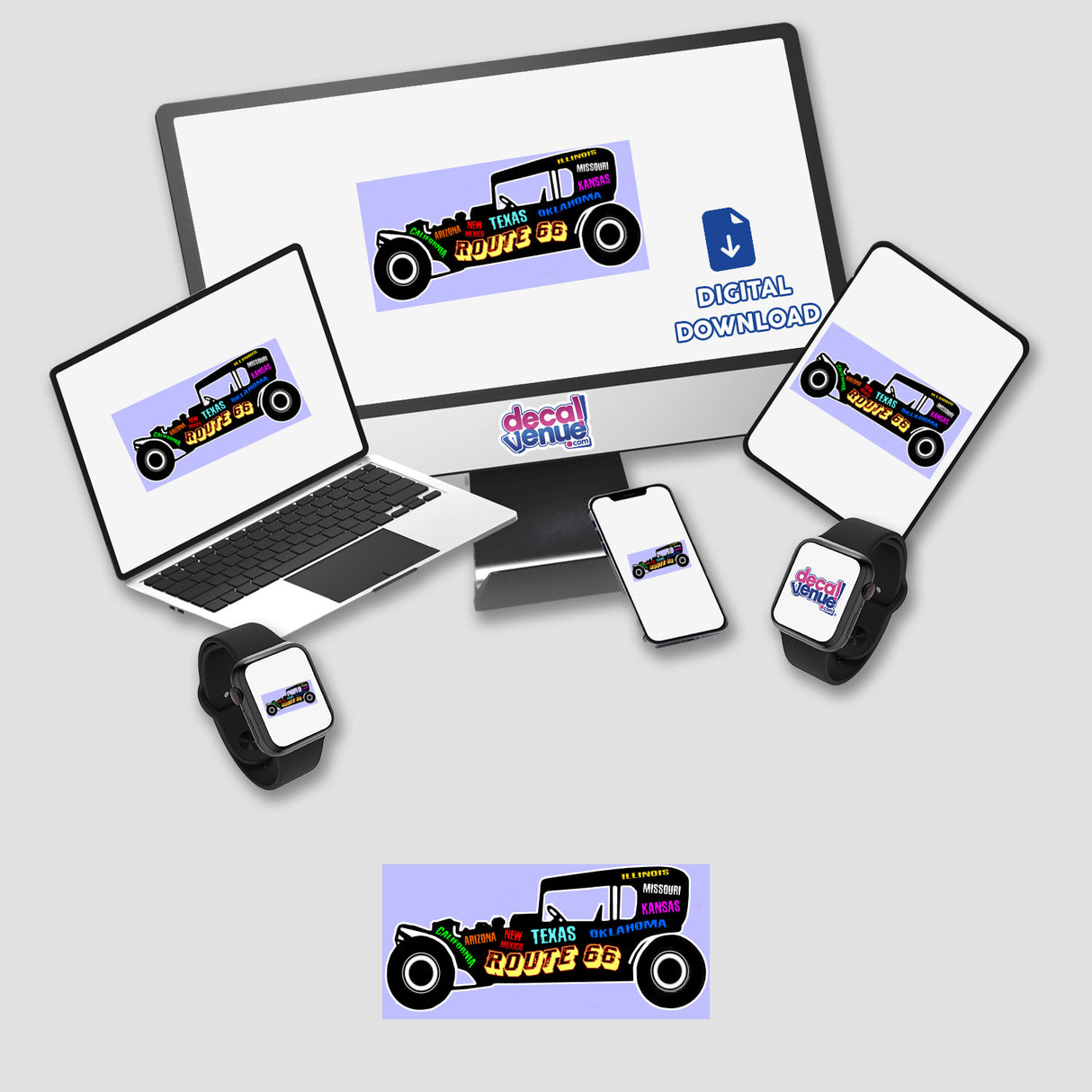 Route 66 Hot Rod digital artwork featuring a laptop displaying a car, a monitor with a truck image, and a smartwatch, emphasizing the versatile sticker and art collection from Decal Venue.