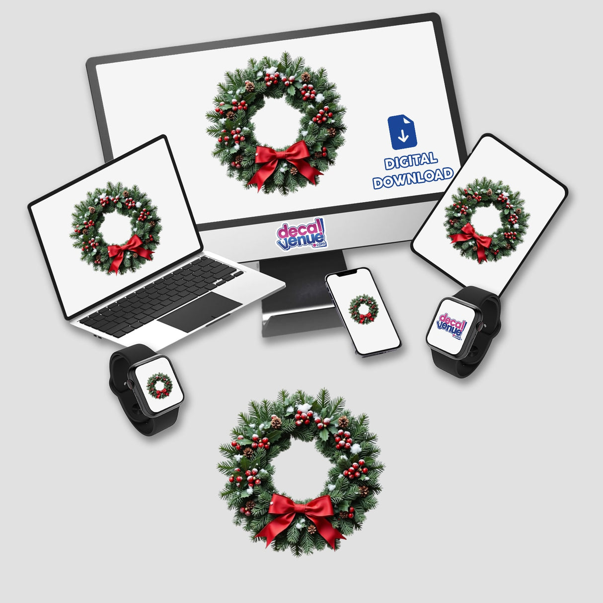 Christmas Wreath Envelope Seal Stickers – Festive Holiday Stationery for Cards & Gifts, featuring digital artwork of a wreath with red berries and pine cones displayed on various devices.