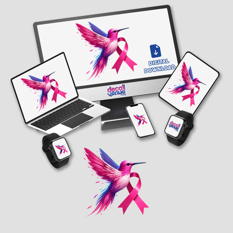 Hummingbird Pink Ribbon Breast Cancer Awareness digital artwork displayed on a monitor and laptop, featuring a pink ribbon and a bird. Available as stickers or digital artwork from Decal Venue.