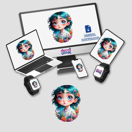 Mesmerizing Girl Sticker | Cute Cosmic Design with Glowing Eyes and Iridescent Details depicted on a computer monitor and laptop, showcasing vibrant cartoon characters.