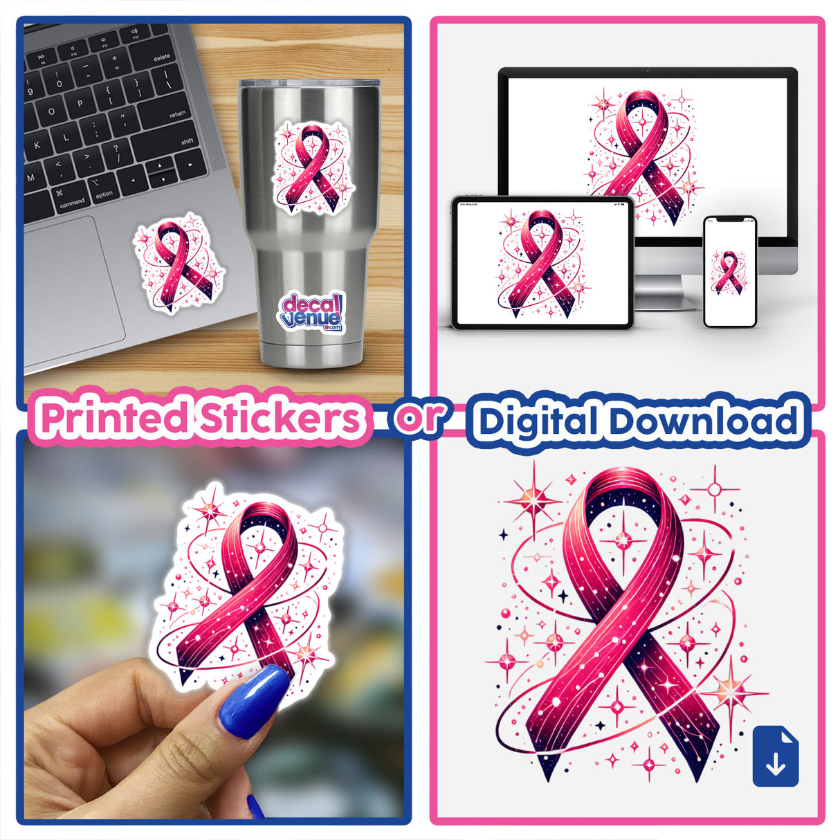 Collage showcasing Pink Ribbon and Stars Breast Cancer Awareness stickers and digital artwork, featuring various pink ribbon designs on items like a silver cup, laptop, and held by hand.