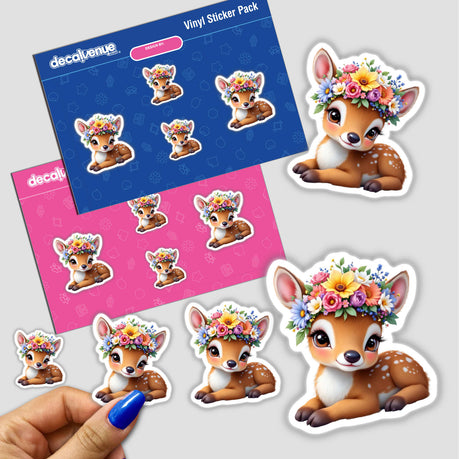 Sticker pack featuring a cartoon Delicate Fawn Wearing a Flower Crown, held in a hand, showcasing unique floral-themed designs from Decal Venue's collection of stickers and digital art.