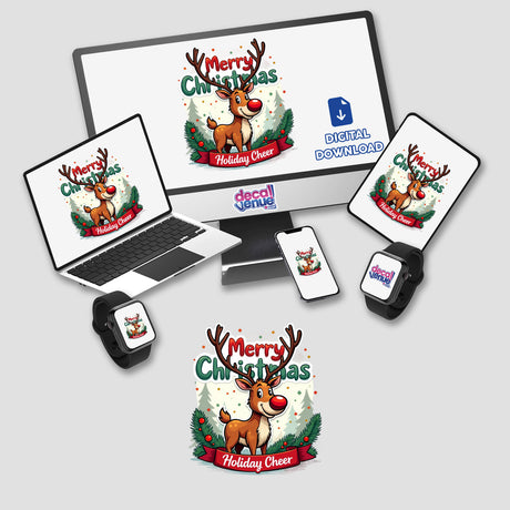 Merry Christmas Holiday Cheer Reindeer artwork displayed on a computer monitor, laptop, cell phone, and smartwatch, showcasing festive reindeer designs available as stickers or digital artwork.