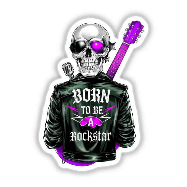 Born To Be A Rockstar design featuring a skull in a leather jacket with a microphone and purple guitar, available as stickers or digital artwork from Decal Venue.