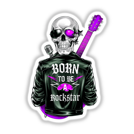 Born To Be A Rockstar design featuring a skull in a leather jacket with a microphone and purple guitar, available as stickers or digital artwork from Decal Venue.