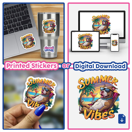 Collage of Summer Vibes Chillin Pitbull Dog stickers and digital artwork, featuring a relaxed pitbull with sunglasses, laptop stickers, and other related visuals.