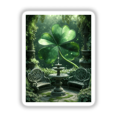 Mystical Shamrock Garden – Glowing Four-Leaf Clover in an Enchanted Courtyard, available as stickers or digital artwork, showcasing a luminous clover amidst a garden setting, perfect for Decal Venue's unique collections.