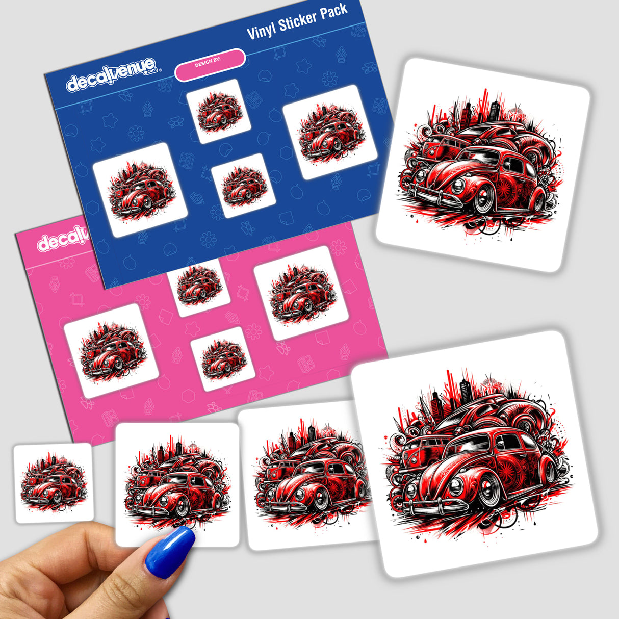 Vibrant red Volkswagen Beetle surrounded by urban cityscape in a vinyl sticker pack from Decal Venue, an online store specializing in unique digital art and stickers for self-expression.