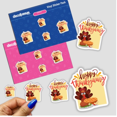 Thanksgiving Greeting sticker pack featuring cartoon turkeys and pies, held in a hand, embodying Decal Venue's unique sticker and digital art collection. Available as stickers or digital artwork.