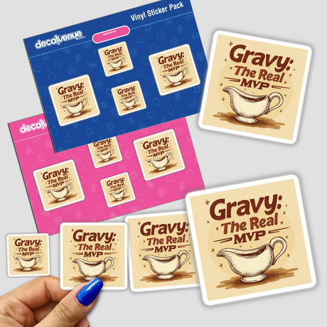 Hand holding a sticker pack titled Gravy: The Real MVP Thanksgiving Sticker & Clipart with Commercial Rights, featuring square white stickers with brown and white text, emphasizing its unique design.