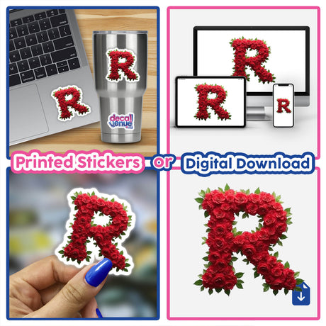 Elegant Floral Letter R Clipart - Downloadable Sticker with Commercial Rights, featuring a letter 'R' adorned with roses, shown in various digital and physical formats including laptops and cups.