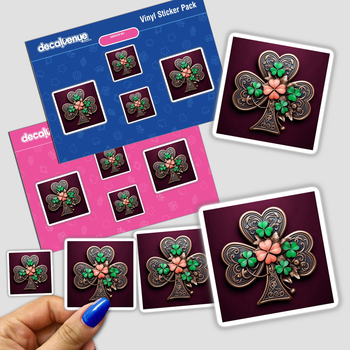 Ornate Shamrock – Bronze Clover stickers featuring intricate green and coral floral accents, displayed with a close-up of a finger interacting with the design, highlighting the detailed craftsmanship.