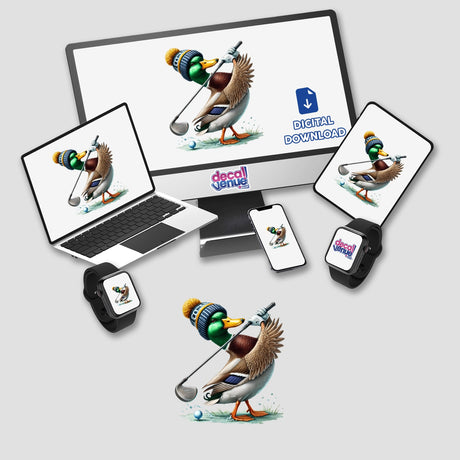 Golfing in Winter Mallard Duck artwork displayed on a computer monitor and laptop, featuring a cartoon duck with a hat and golf club. Available as stickers or digital artwork from Decal Venue.