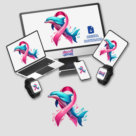 Pink Ribbon Dolphin Breast Cancer design featuring a dolphin and pink ribbon displayed on various devices including a laptop, monitor, tablet, and smartwatch; available as stickers or digital artwork.