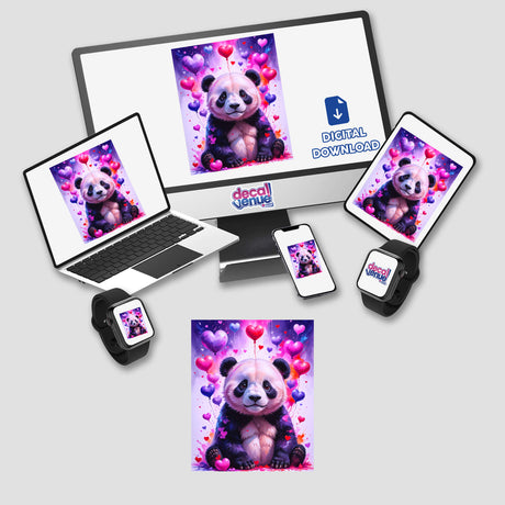 Cute Panda Bear with Love Hearts displayed on a computer monitor and laptop, showcasing the design available as stickers or digital artwork from Decal Venue.