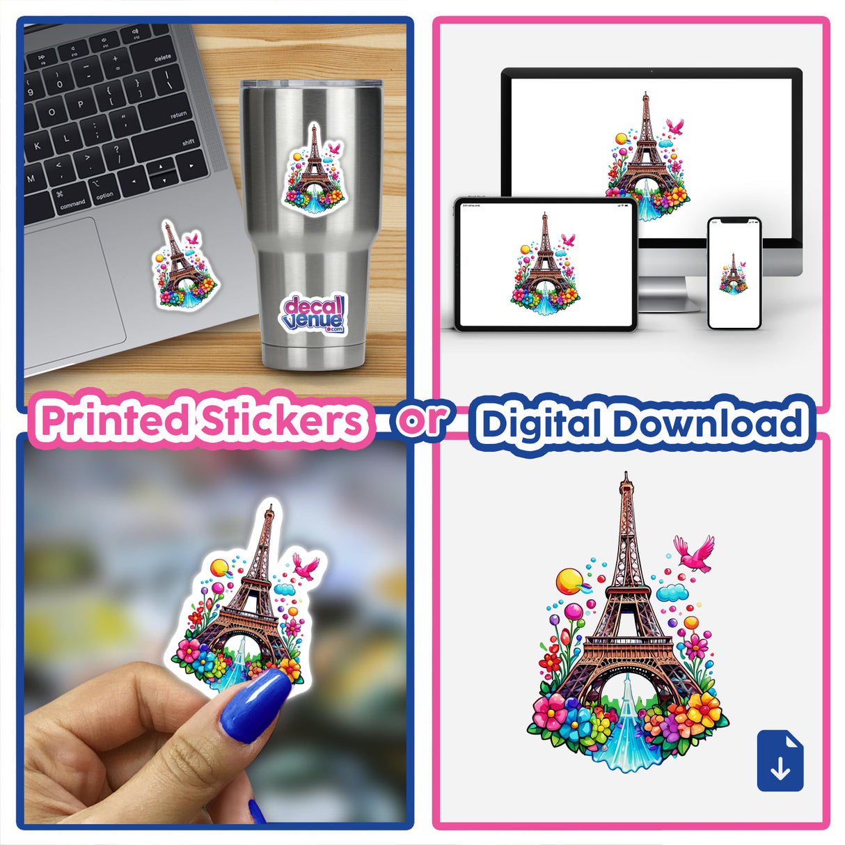 Collage featuring Eiffel Tower in Paris: Floral Splash Design stickers on a laptop, cup, and digital artwork.