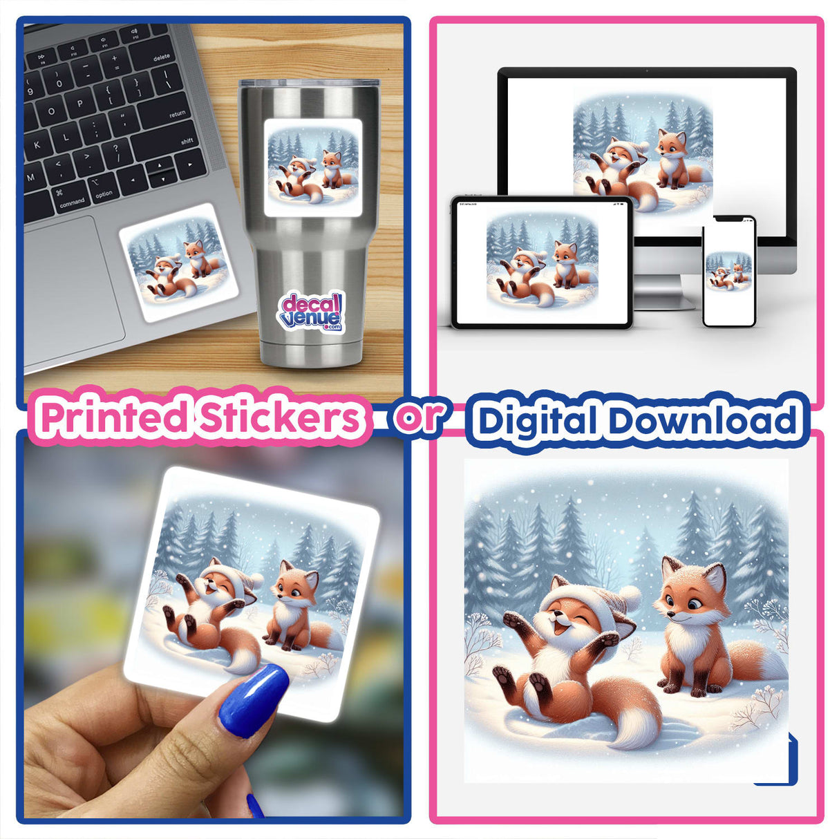 Two Foxes Playing: A collage showcasing stickers or digital artwork featuring two playful foxes, ideal for laptops or digital screens, embodying the unique style of Decal Venue.