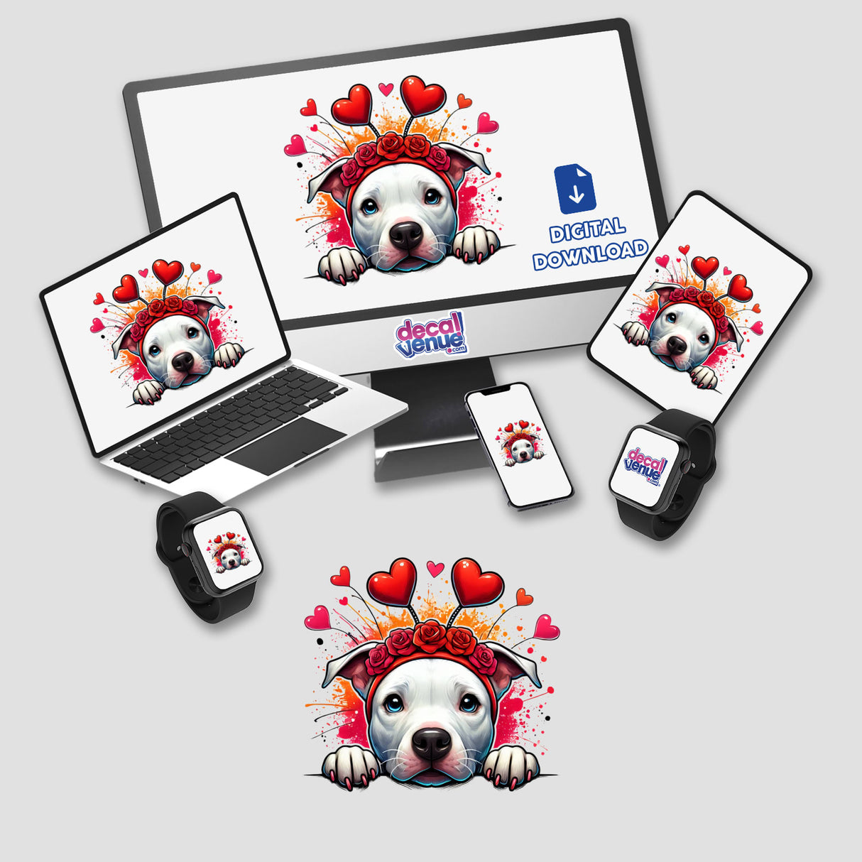 Splatter Hearts Peeking Pitbull Dog II features a cartoon pitbull with a flower crown and hearts, displayed on a monitor and laptop, offered as stickers or digital artwork.