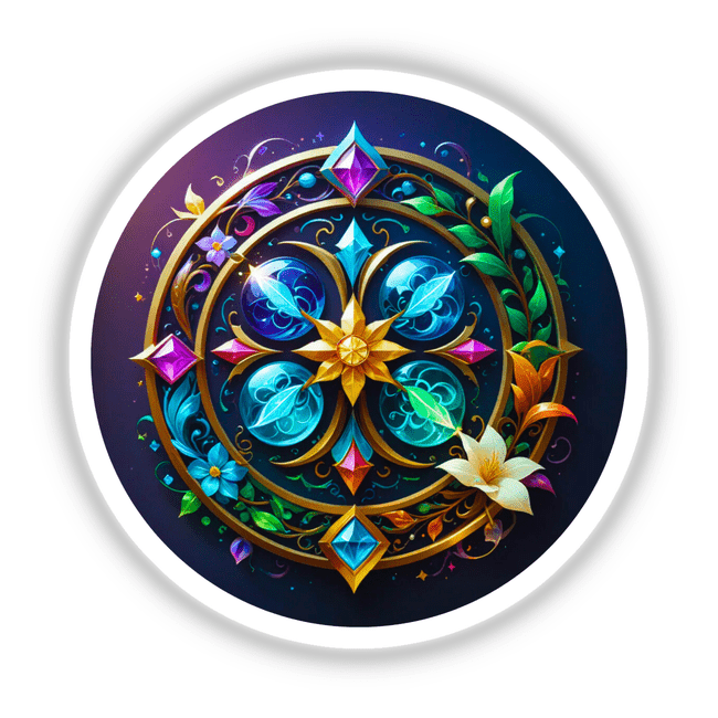 Shield of Abundance: A vibrant circular design featuring intricate flowers and leaves, available as unique stickers or digital artwork from Decal Venue.