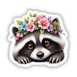 Cute Raccoon with a Colorful Flower Crown, showcasing a raccoon adorned with a vibrant floral headpiece. Available as stickers or digital artwork from Decal Venue, known for unique stickers and digital art.