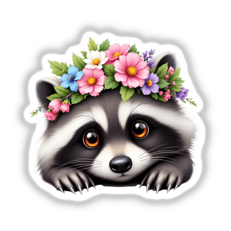 Cute Raccoon with a Colorful Flower Crown, showcasing a raccoon adorned with a vibrant floral headpiece. Available as stickers or digital artwork from Decal Venue, known for unique stickers and digital art.