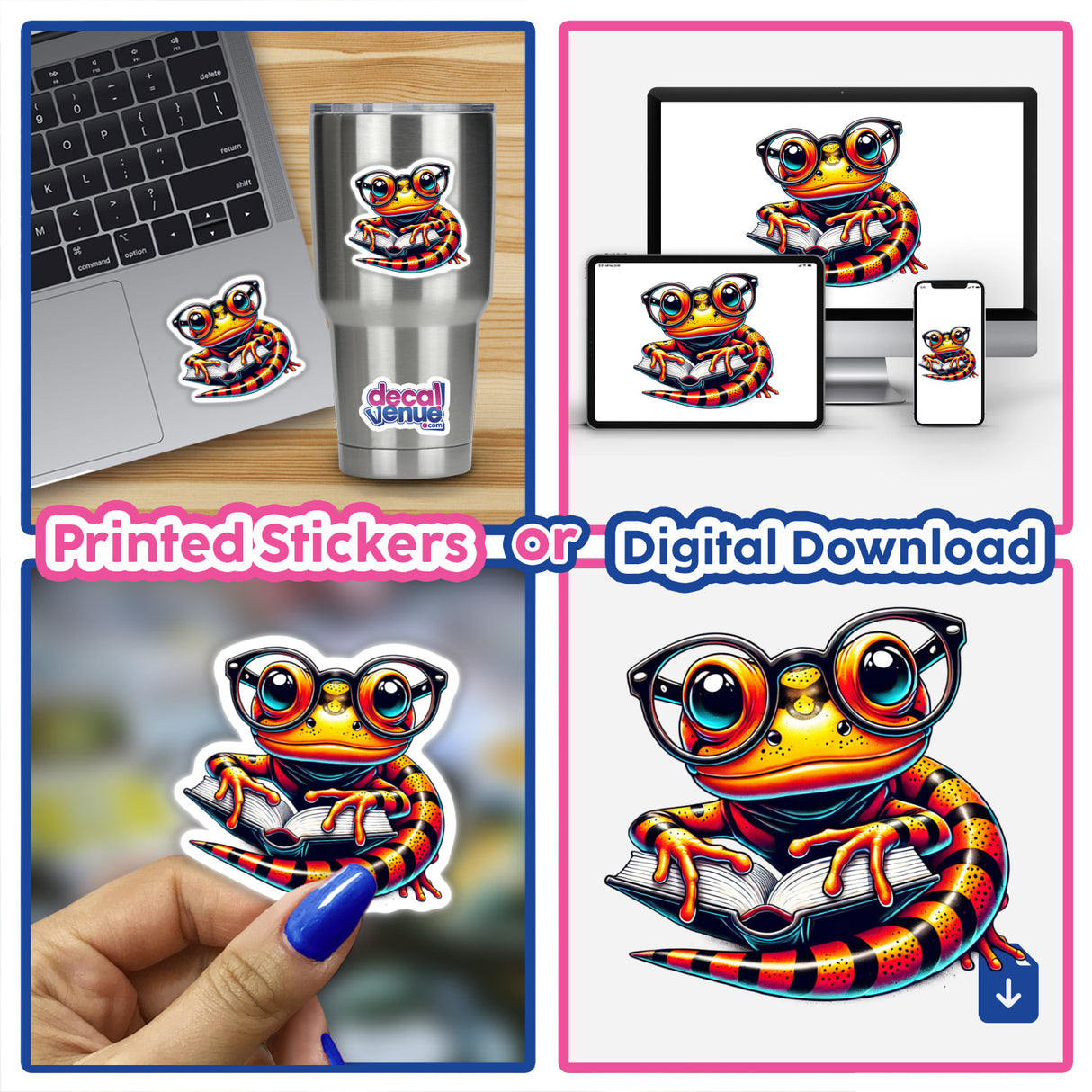 Sticker of a cartoon lizard with reading glasses and an open book, titled Newt With Reading Glasses Open Book, showcased on a laptop, available as unique stickers or digital artwork.